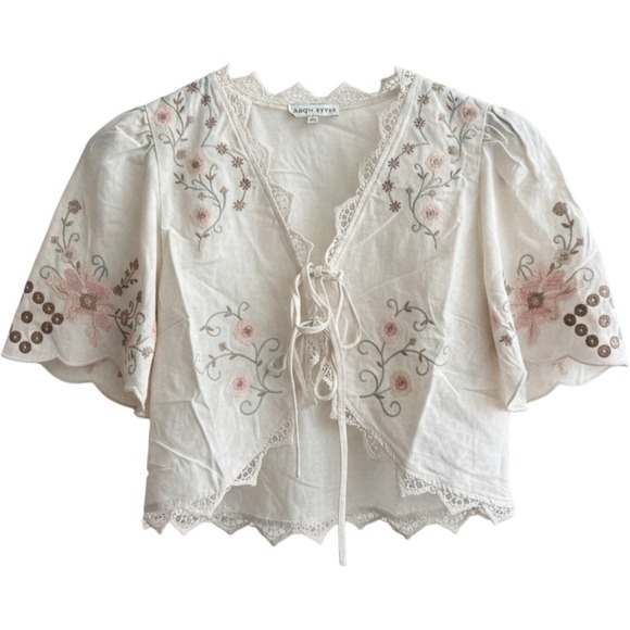 Moon River Tops - Moon River Embroidered Tie Front Crop Top Linen Blend Floral Scallop Lace Small